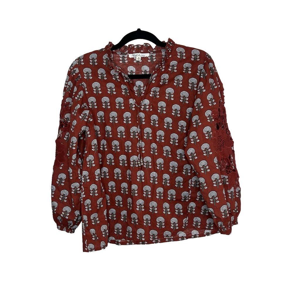 Solitaire Shirt Blouse Women's Medium Red Floral Tassel Lace Ruffle Boho Peasant